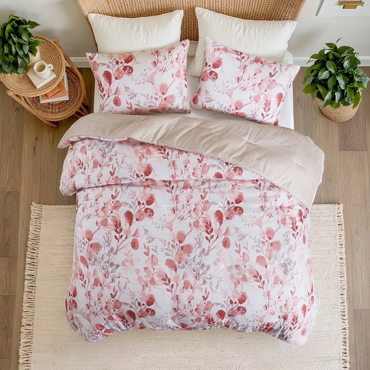 King/Cal King Comforter Sets, Reversible Seersucker Floral Bedding Sets, 3 Piece Lightweight Pink Blush Botanical Flowers Comforter Bed Set 