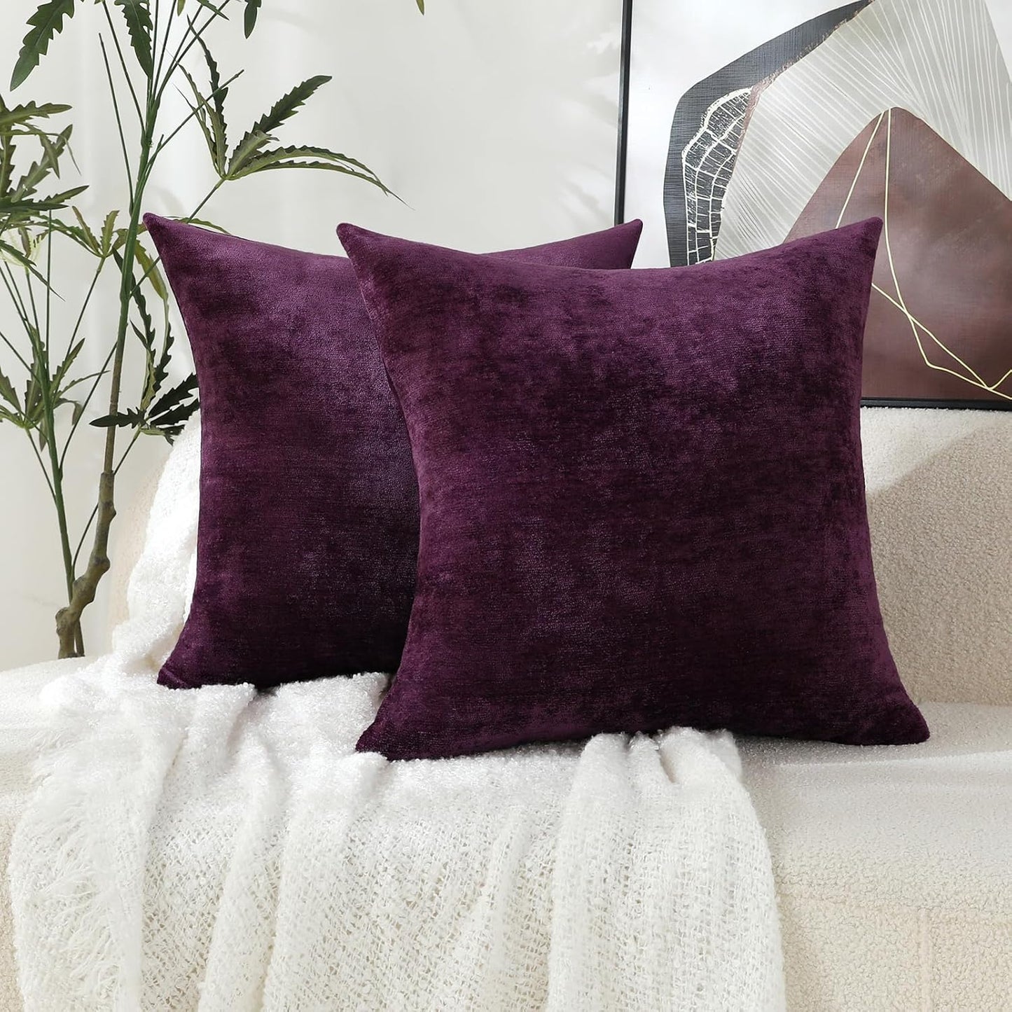 Plum Purple Decorative Throw Pillow Covers Soft Chenille Comfy Square Couch Cushion Cases for Living Room Sofa Decor (Set of 2, 20 X 20 Inches)