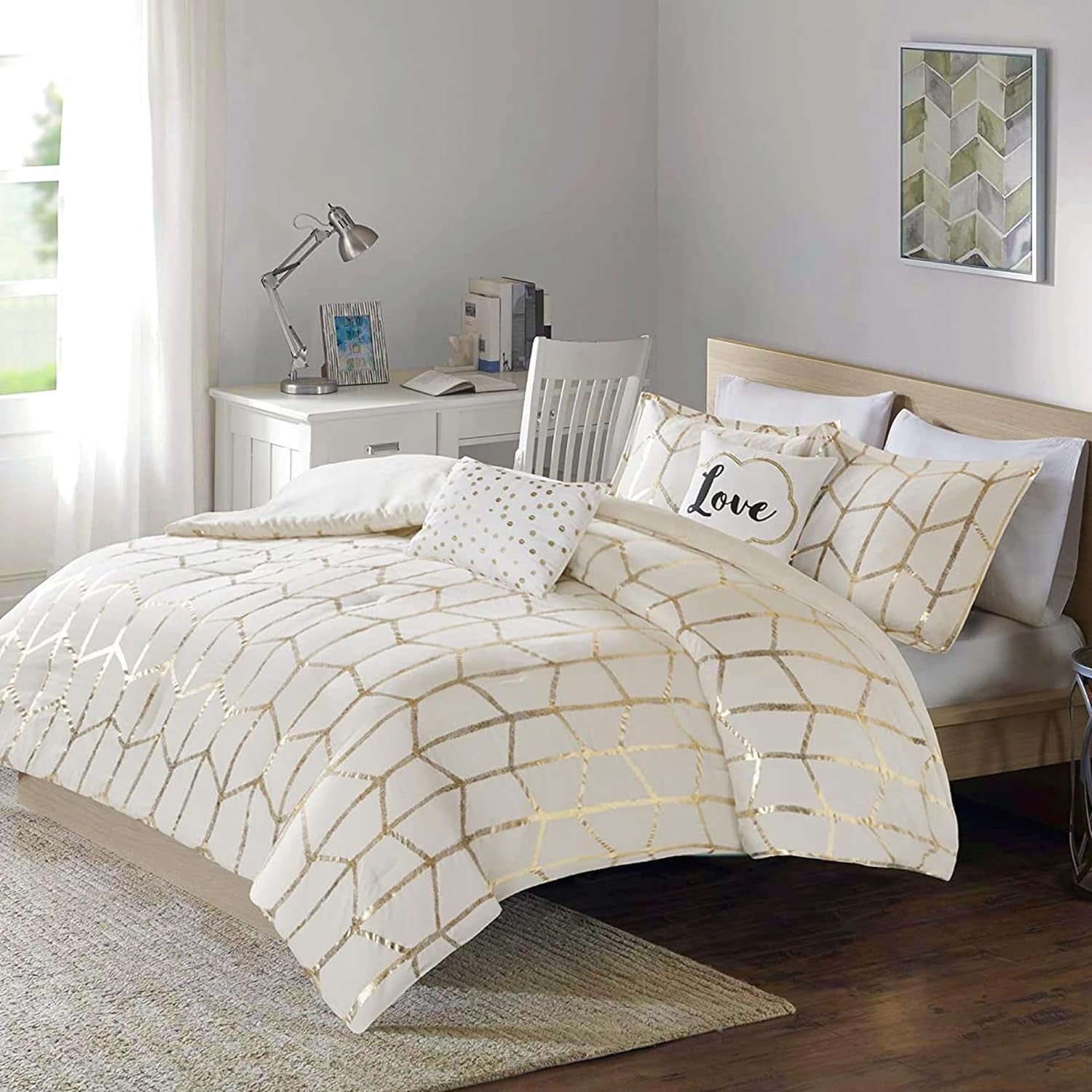 Raina King/Cal King Comforter Set, Modern Geometric Metallic Bed Set, 5 Pieces with 2 Shams, 2 Toss Pillows Ivory/Gold