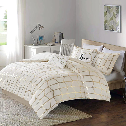 Raina King/Cal King Comforter Set, Modern Geometric Metallic Bed Set, 5 Pieces with 2 Shams, 2 Toss Pillows Ivory/Gold