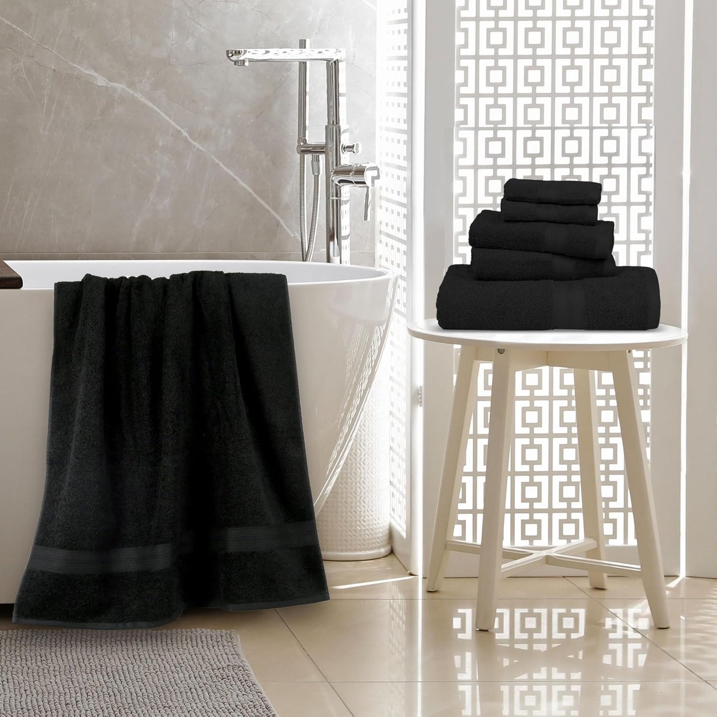 6 Piece Oversized Fade Resistant Towel Set, 100% Cotton Towels, Soft and Absorbent, Black