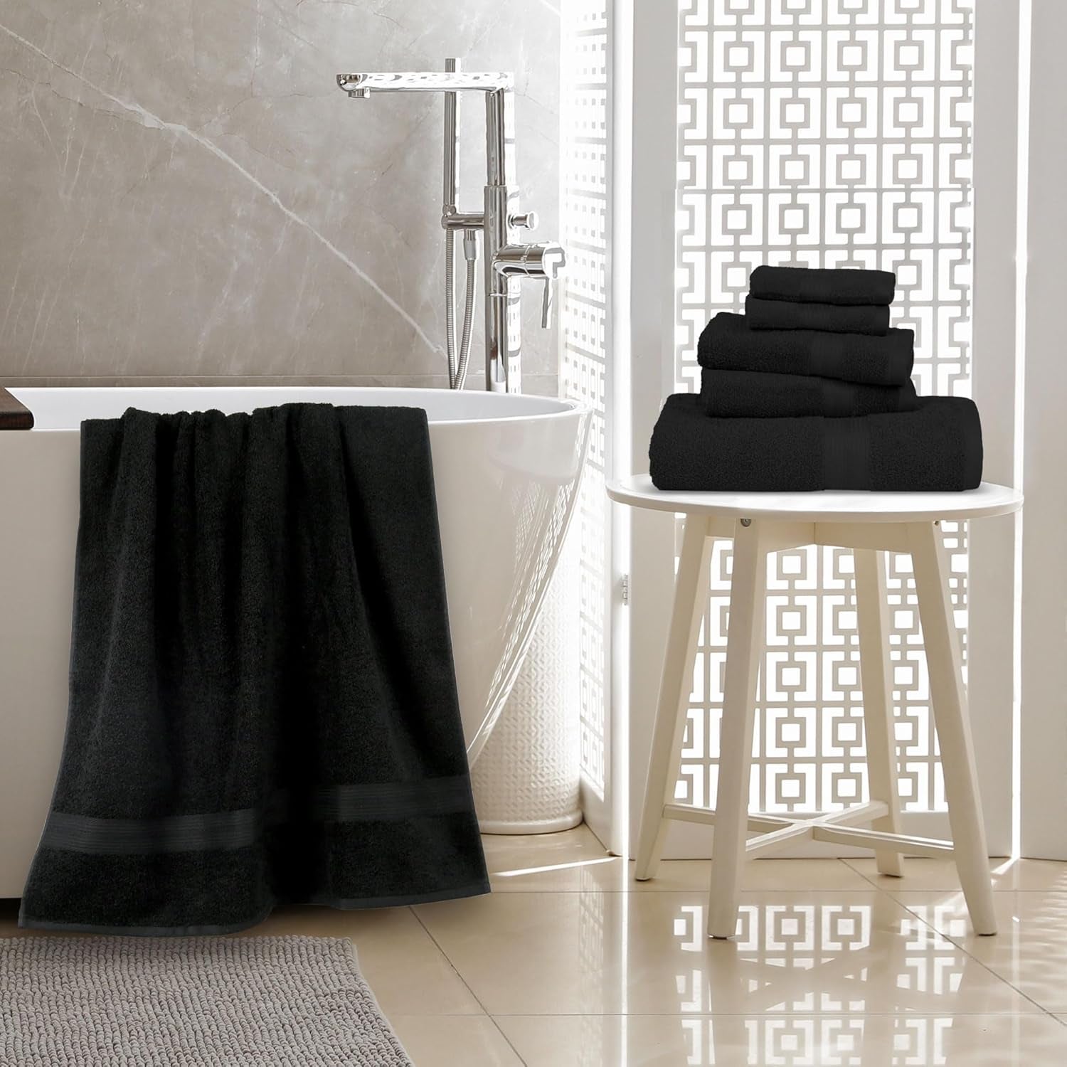 6 Piece Oversized Fade Resistant Towel Set, 100% Cotton Towels, Soft and Absorbent, Black