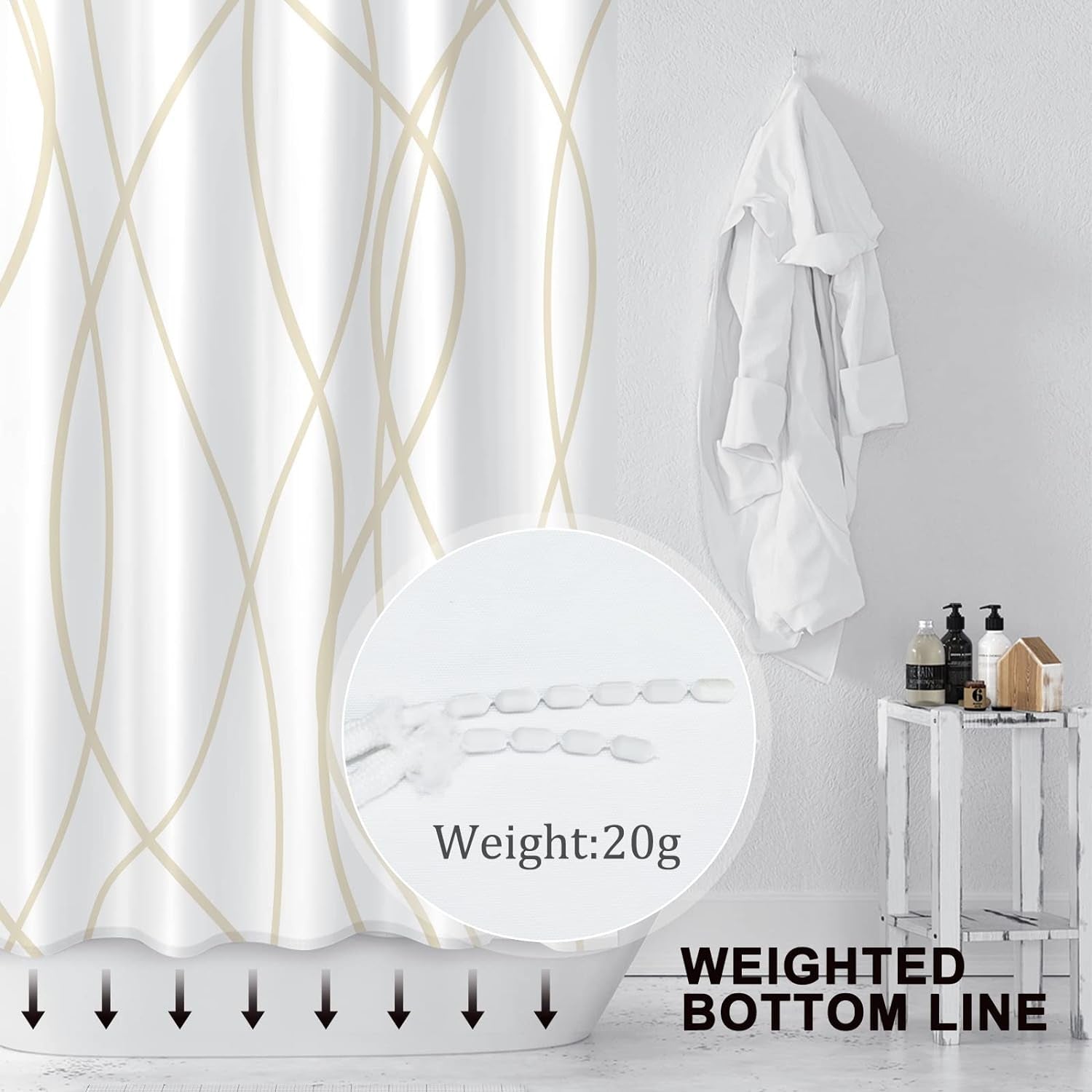 Beige Khaki Shower Curtain with Hooks, Decorative White, 72X72