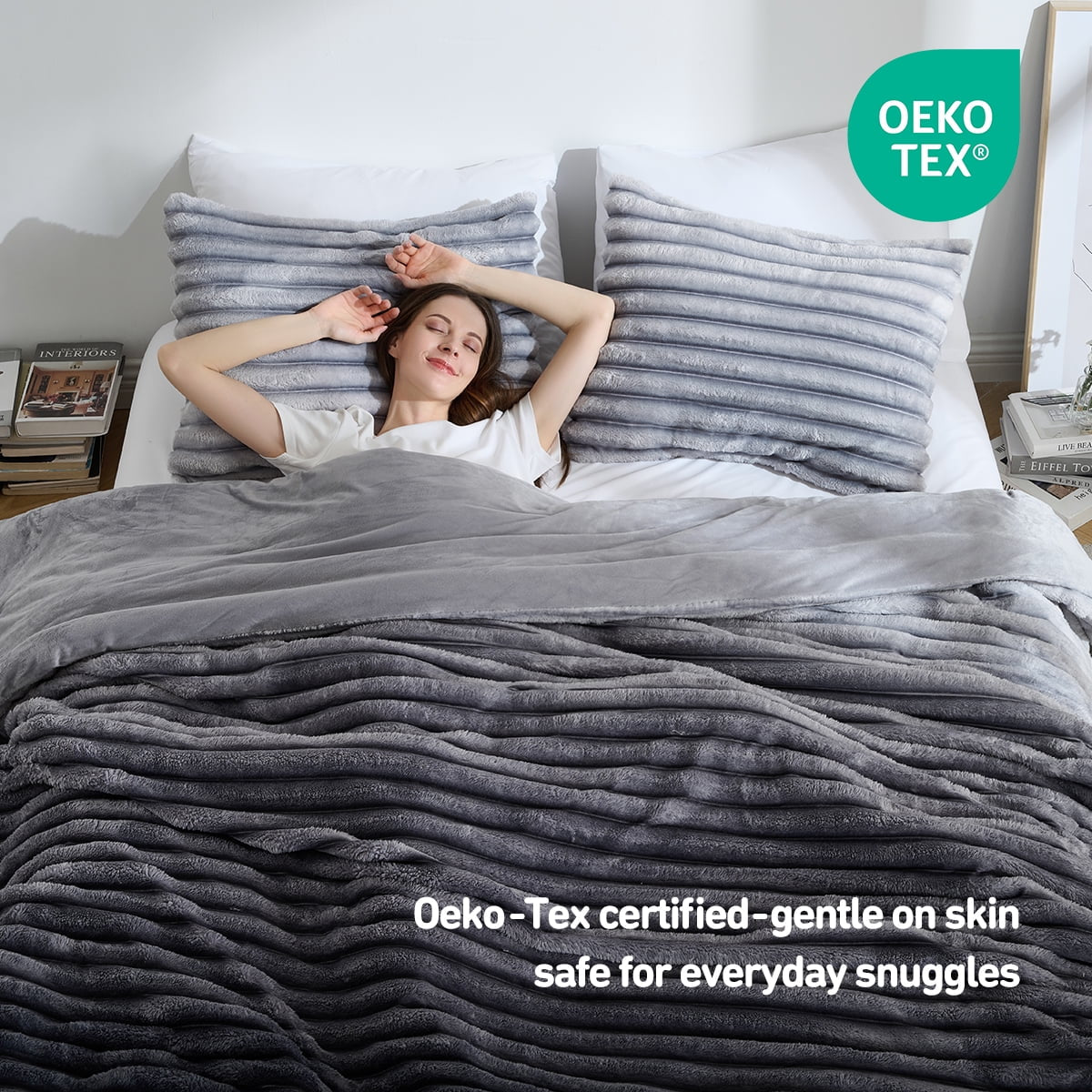 Full/Queen Size Comforter Set, Fluffy Ribbed Plush Comforter Set, 3-Piece Bedding Set, Grey Ombre