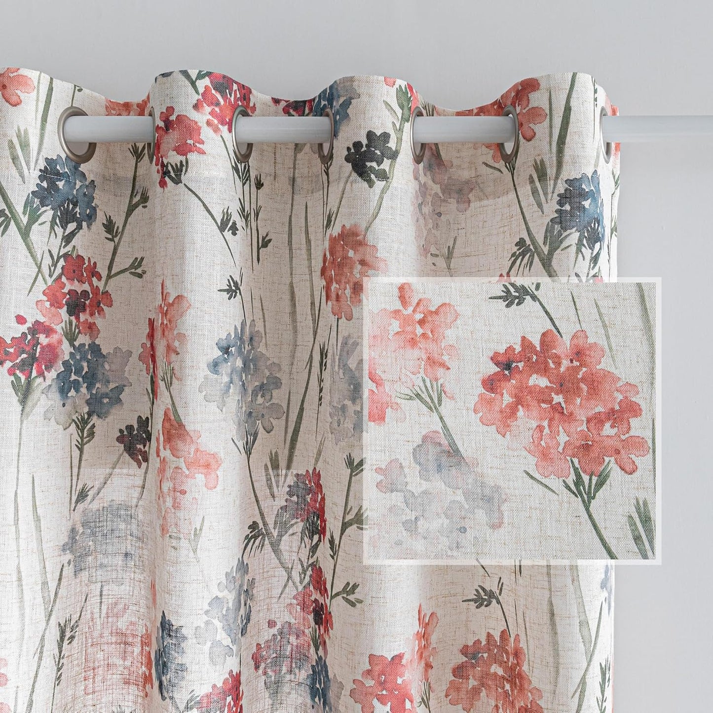 Linen Floral Curtains 84 Inch Length 2 Panels Semi Sheer Light Filtering Privacy Protect Flower Patterned Drapes, 52" Wide, Red, Pack-2