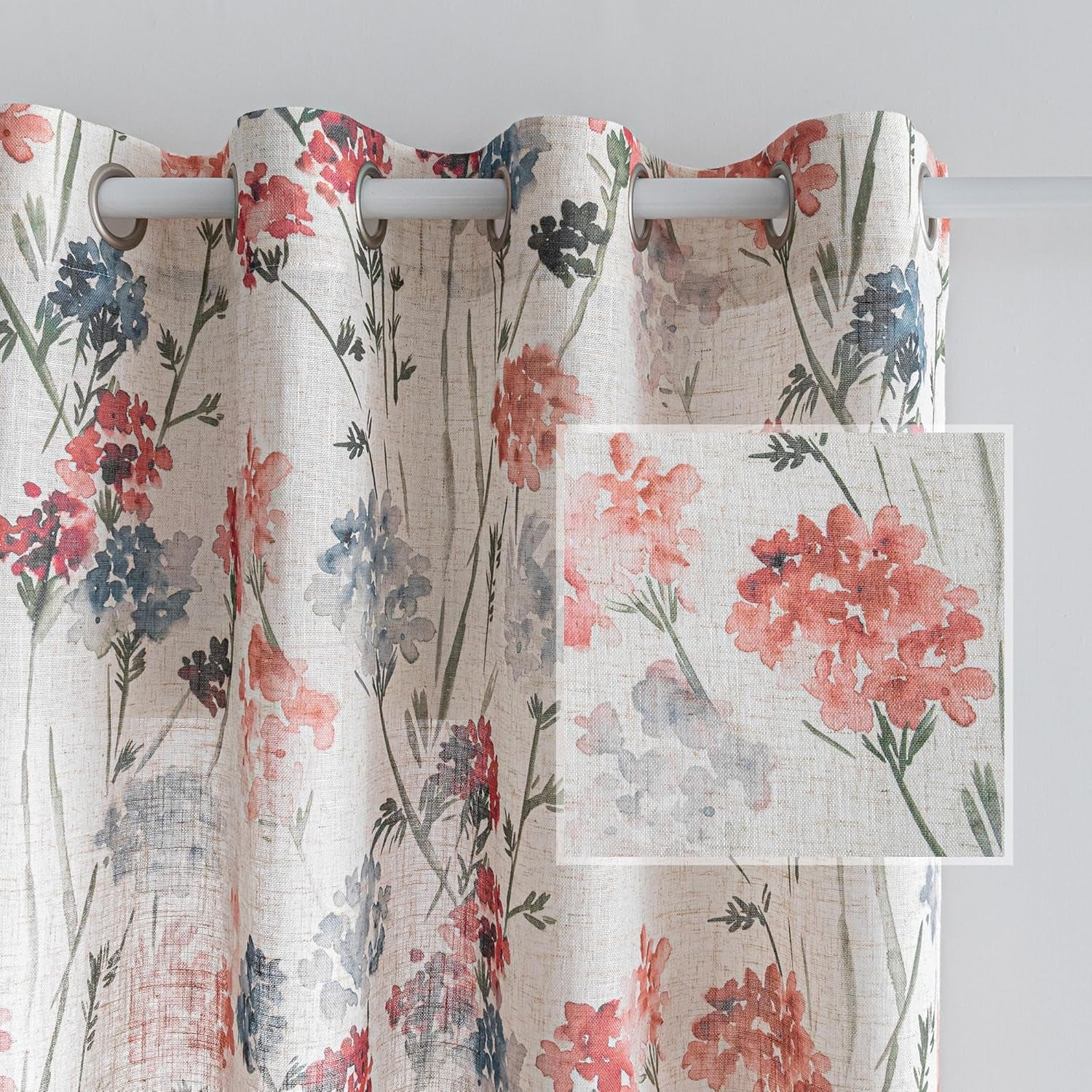 Linen Floral Curtains 84 Inch Length 2 Panels Semi Sheer Light Filtering Privacy Protect Flower Patterned Drapes, 52" Wide, Red, Pack-2
