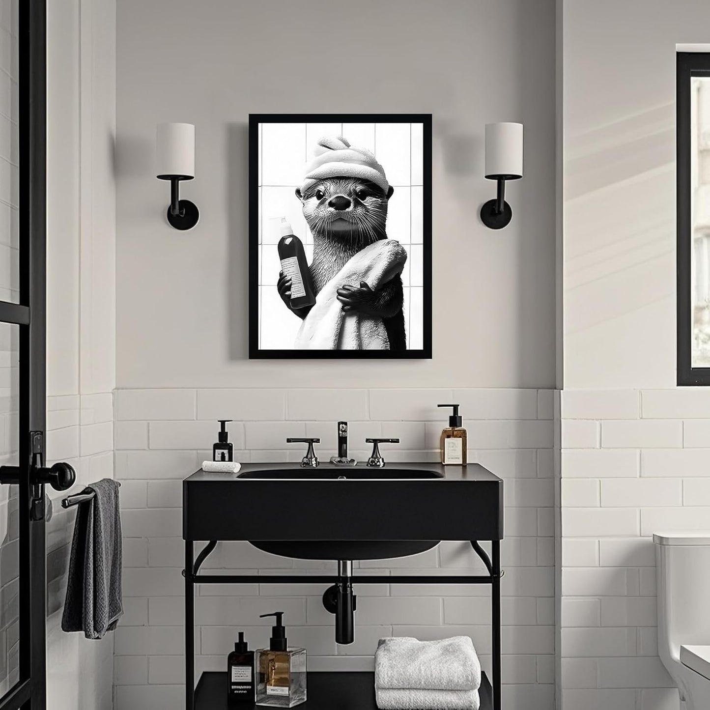 Framed Black and White Bathroom Canvas Wall Art, Funny Otter Wall Decor, Farmhouse Humor Animal Art Prints Ready to Hang 12X16 Inches