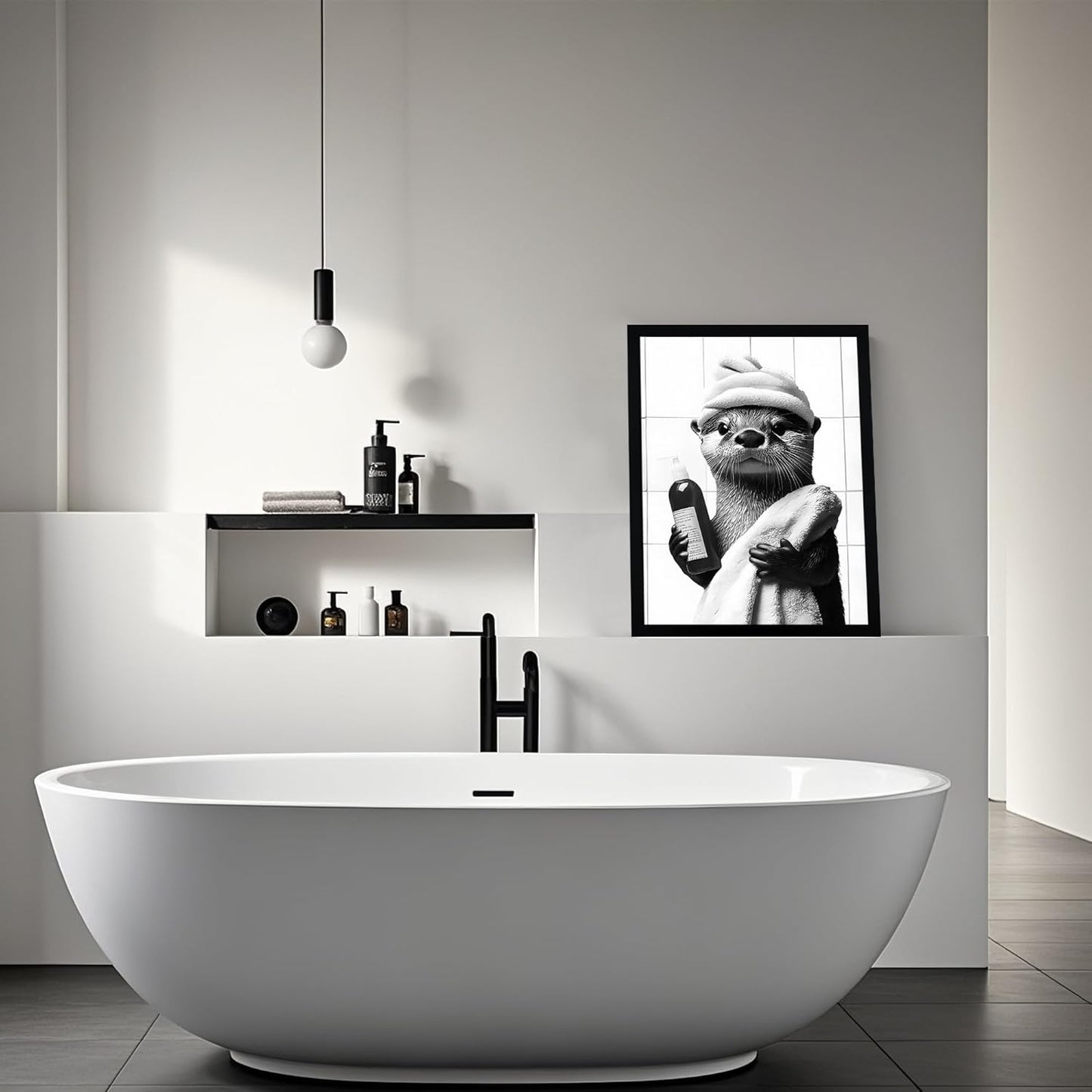 Framed Black and White Bathroom Canvas Wall Art, Funny Otter Wall Decor, Farmhouse Humor Animal Art Prints Ready to Hang 12X16 Inches