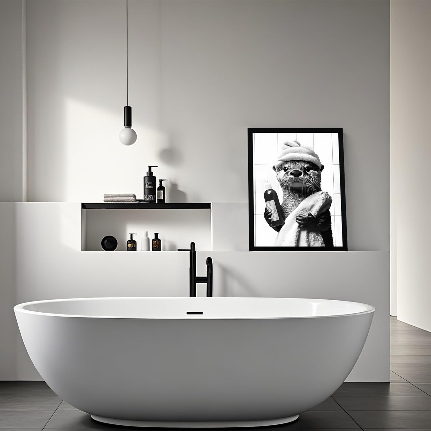 Framed Black and White Bathroom Canvas Wall Art, Funny Otter Wall Decor, Farmhouse Humor Animal Art Prints Ready to Hang 12X16 Inches