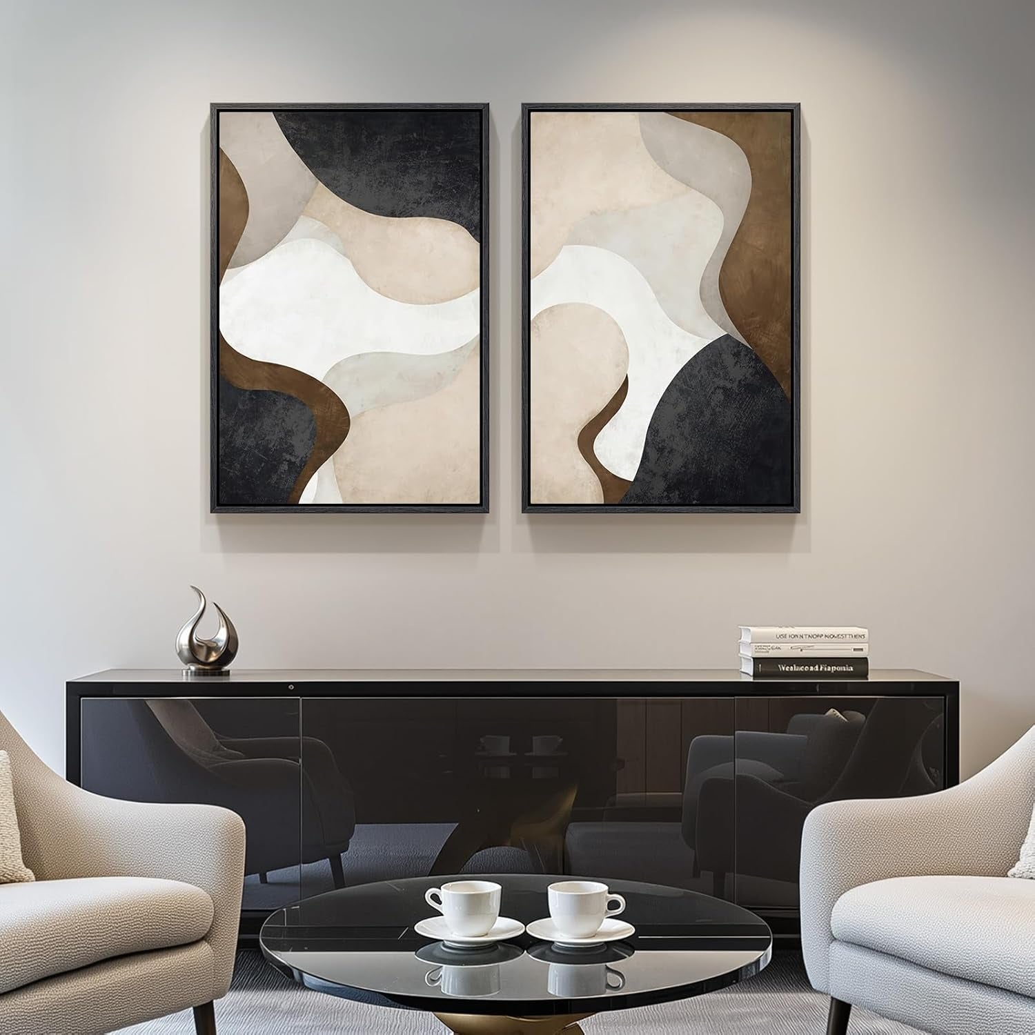 Framed Neutral Abstract Minimalist Wall Art Set of 2, Modern Canvas Prints Paintings Artwork for Walls, Black Beige Brown Abstract Art Pictures, 16X24 In
