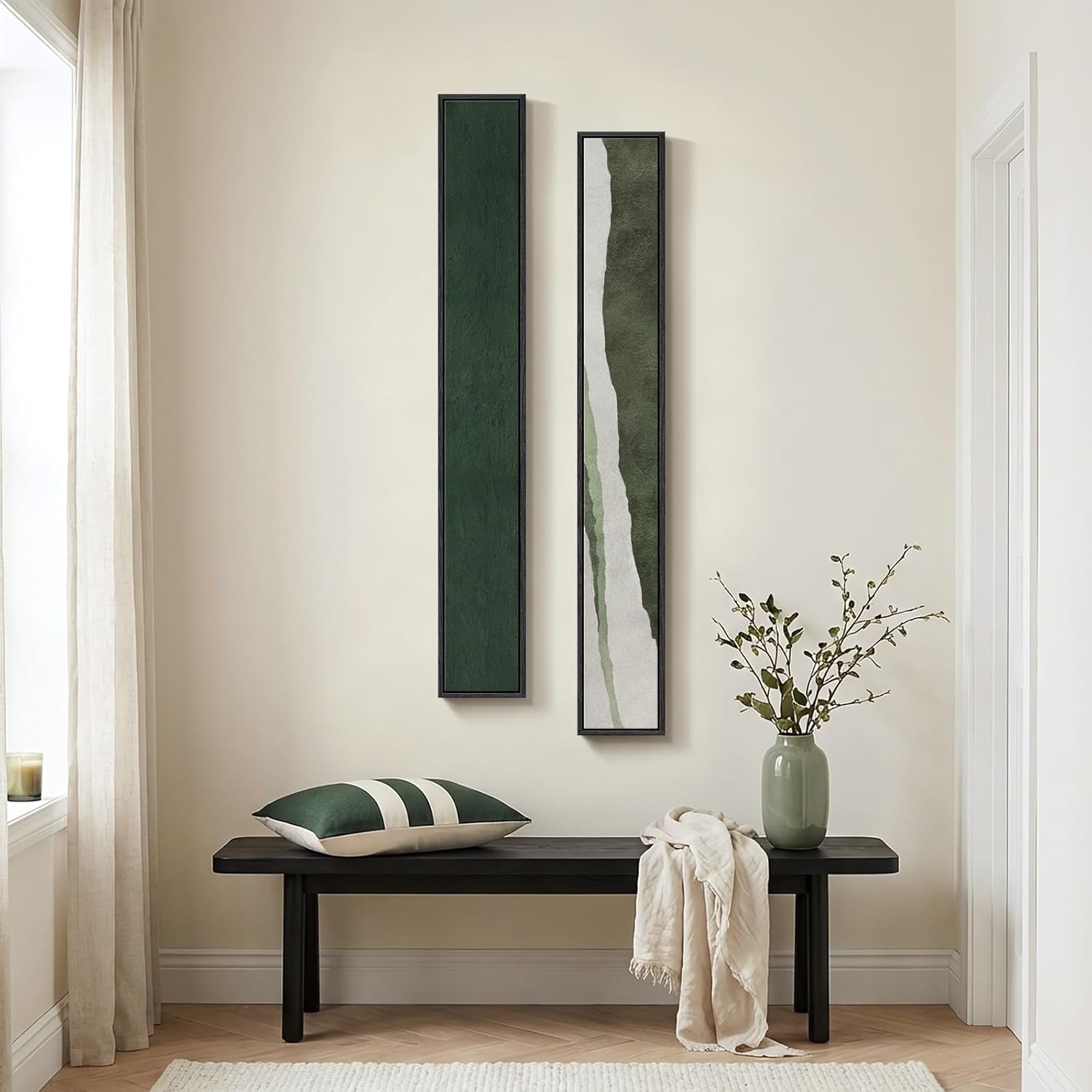 Framed Green White Vertical Abstract Wall Art Decor for Hallway, 2 Piece Long Narrow