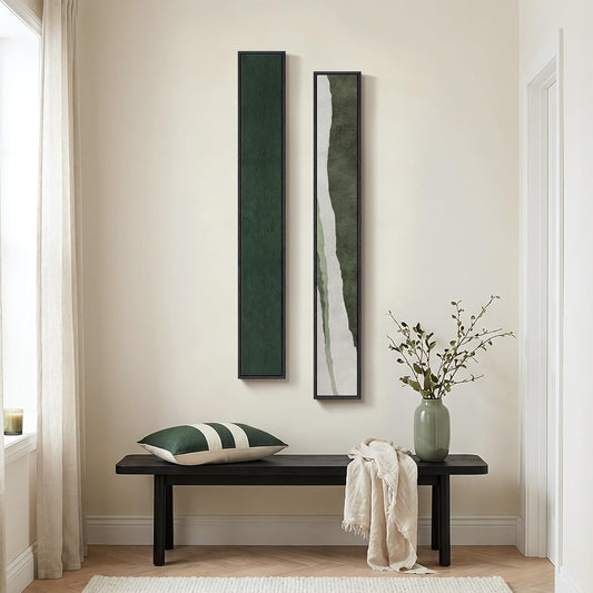 Framed Green White Vertical Abstract Wall Art Decor for Hallway, 2 Piece Long Narrow