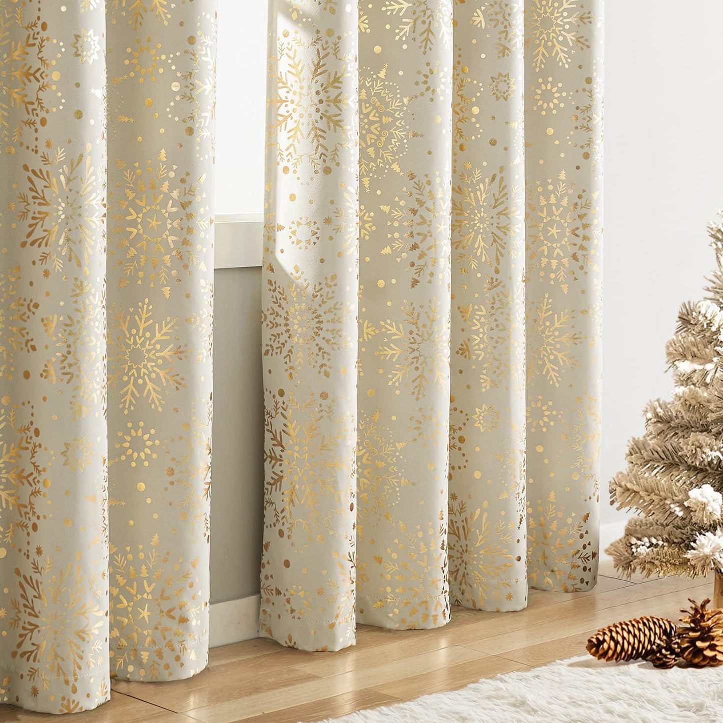 Ivory Gold Blackout Curtains Snowflake Print Curtain Panels 63Inch Medallion Floral Energy Saving 2Pcs