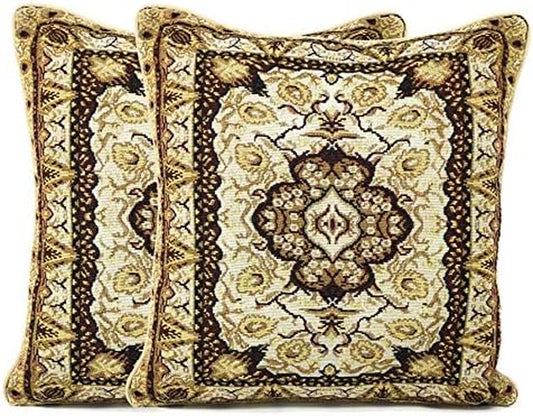 Elegant Royal Persian Style Throw Pillow Covers- Gold Brown Beige - 16" X 16" 