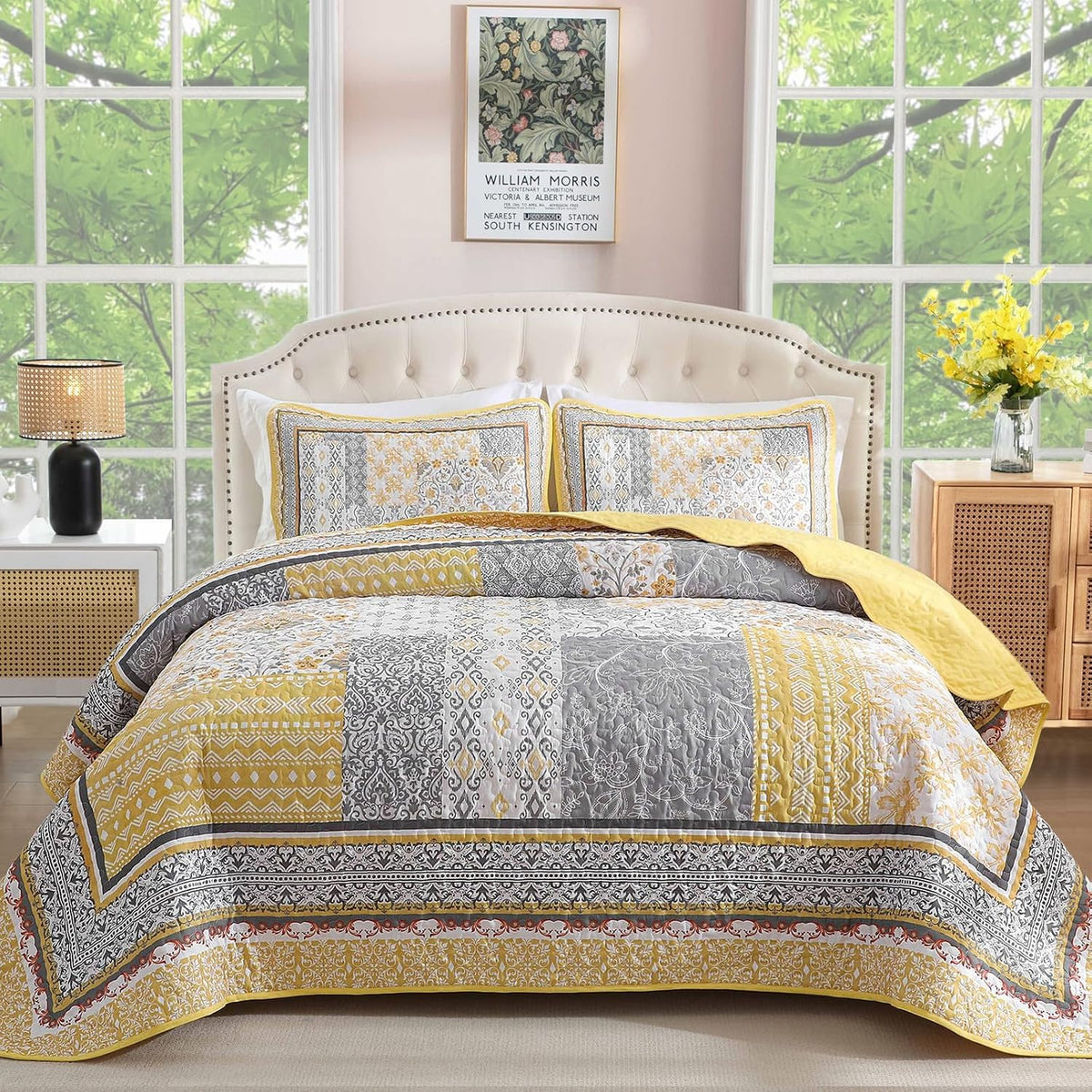 Boho Quilt Set Twin, 3 Pcs Yellow Patchwork Bedspread Set