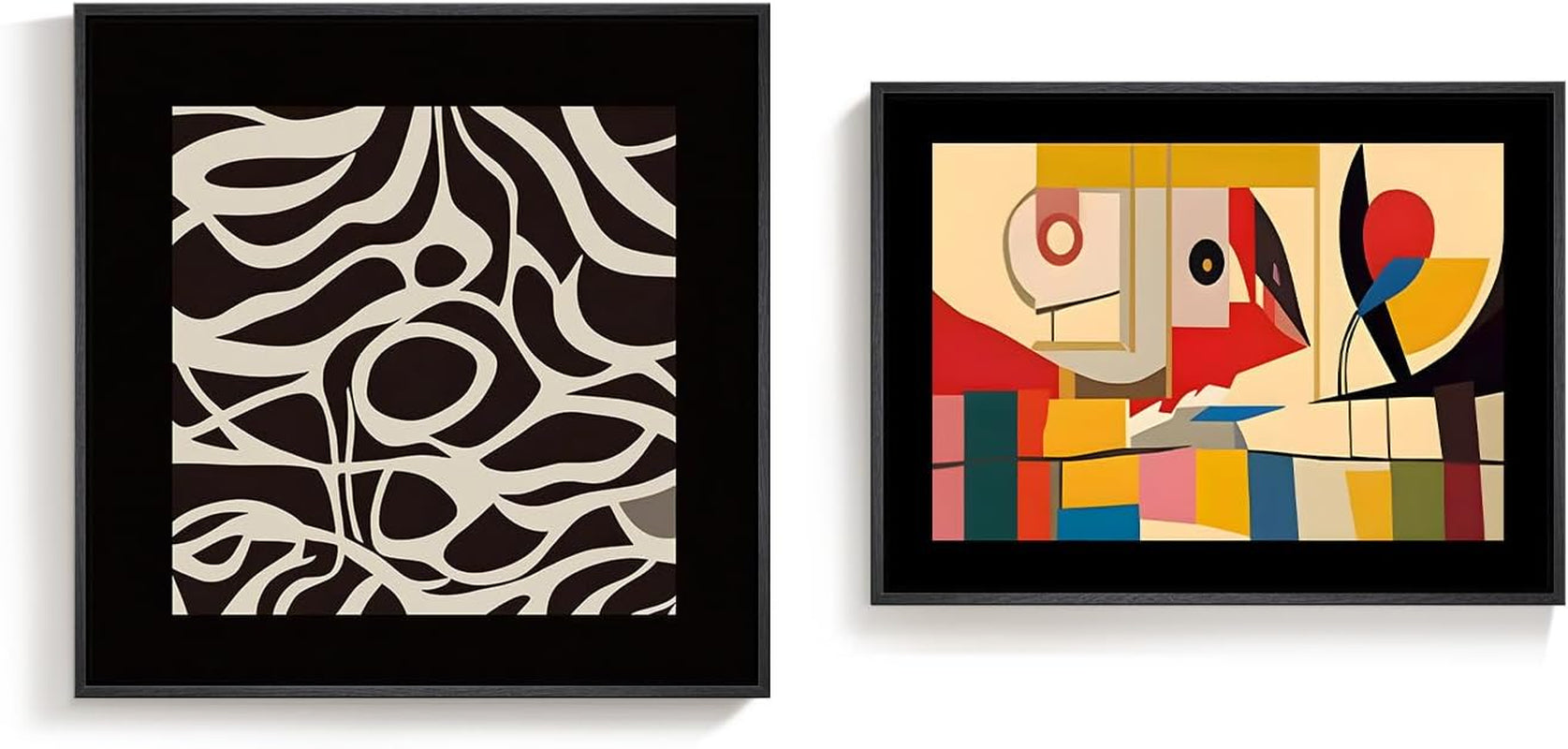 Framed Black Colorful Abstract Wall Art for Living Room, Set of 2 Mid Century Modern Geometric Line Artwork for Walls, 24X24 & 24X18 In