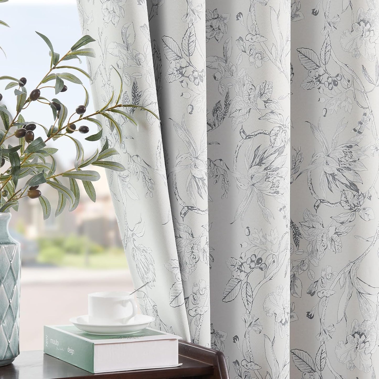 Floral 100% Blackout Curtains for Bedroom 84 Inches Long, Grey Flower-Patterned Curtains 2 Panels