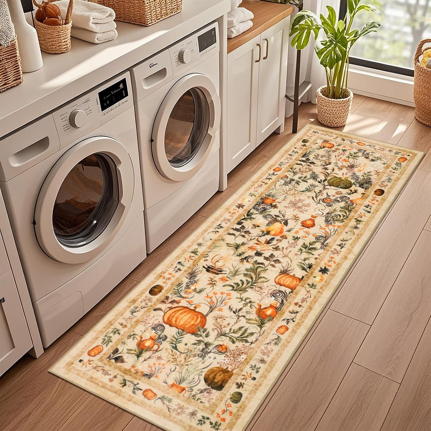 Pumpkins Fall Runner Rug Low Pile, Thanksgiving Kitchen Rugs 2X6Ft, Washable Holiday Mats for Kitchen Floor Non-Slip, Autumn Home Decor for Bedroom Entryway Laundry Room (Orange)