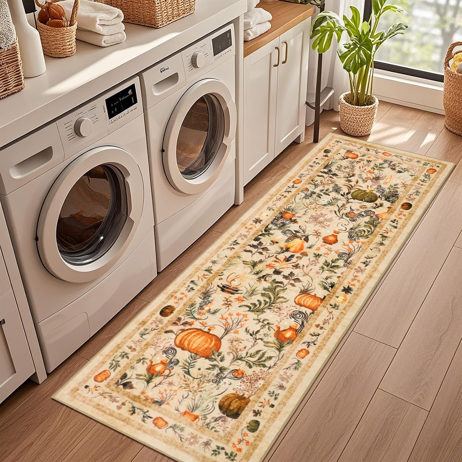 Pumpkins Fall Runner Rug Low Pile, Thanksgiving Kitchen Rugs 2X6Ft, Washable Holiday Mats for Kitchen Floor Non-Slip, Autumn Home Decor for Bedroom Entryway Laundry Room (Orange)