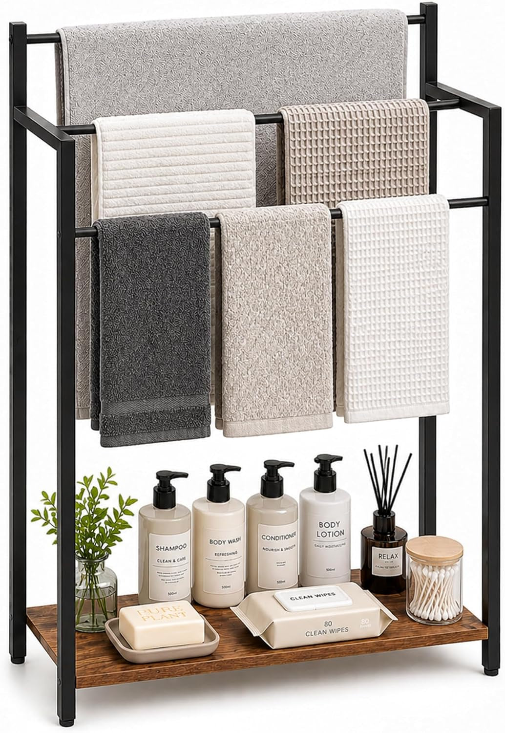 Freestanding Towel Rack with Rustic Brown Wood Shelf 24.8" 