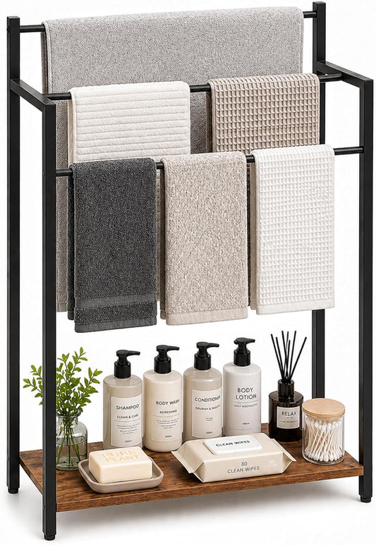 Freestanding Towel Rack with Rustic Brown Wood Shelf 24.8" 