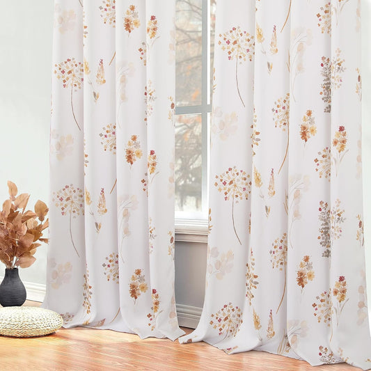 Floral Pattern Curtains ,52X84 Inches Long, Rust Colored Brown and White, 2 Panels