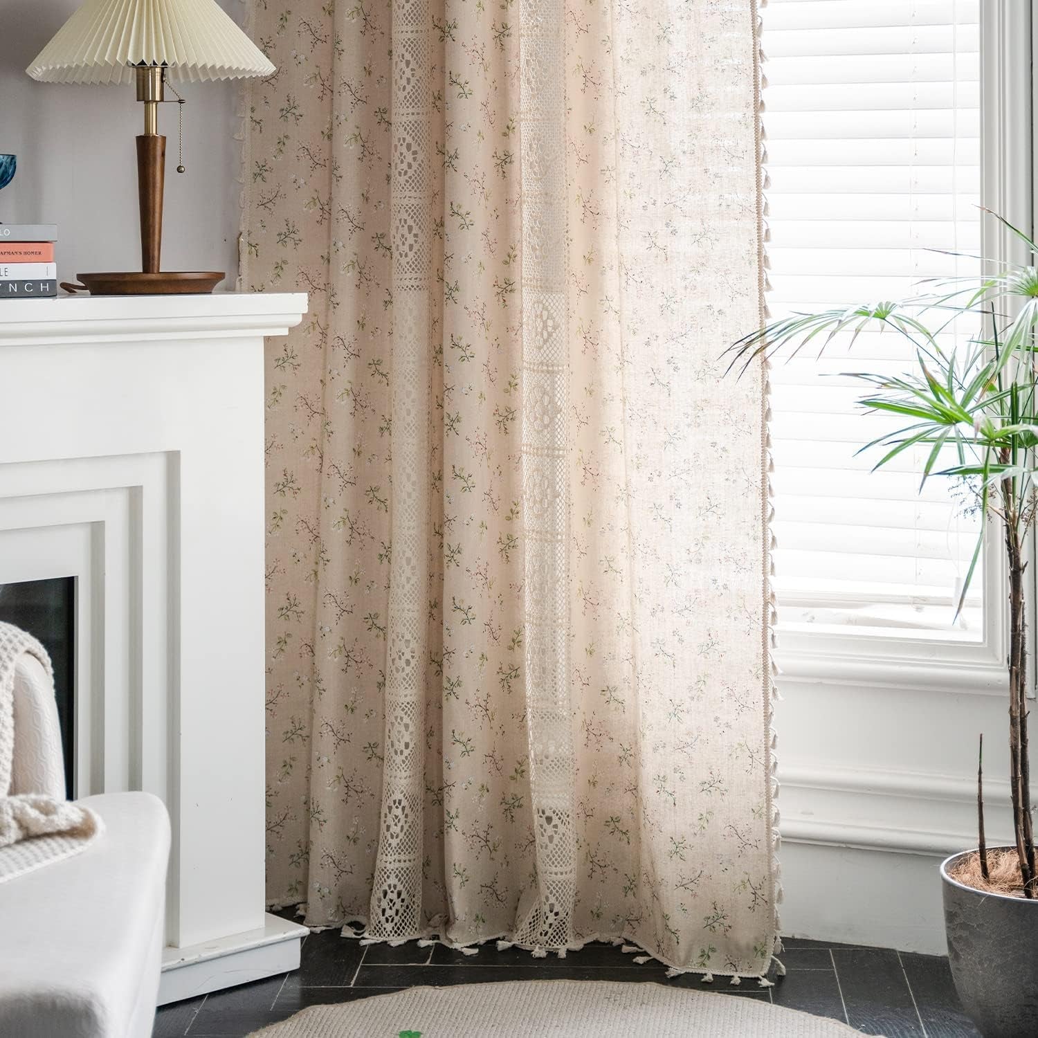 Boho Vintage Farmhouse Curtains 63 Inch Beige Patchwork Crochet Window Treatments with Tassels Crochet Lace 2 Panels Floral Patterned 59X63
