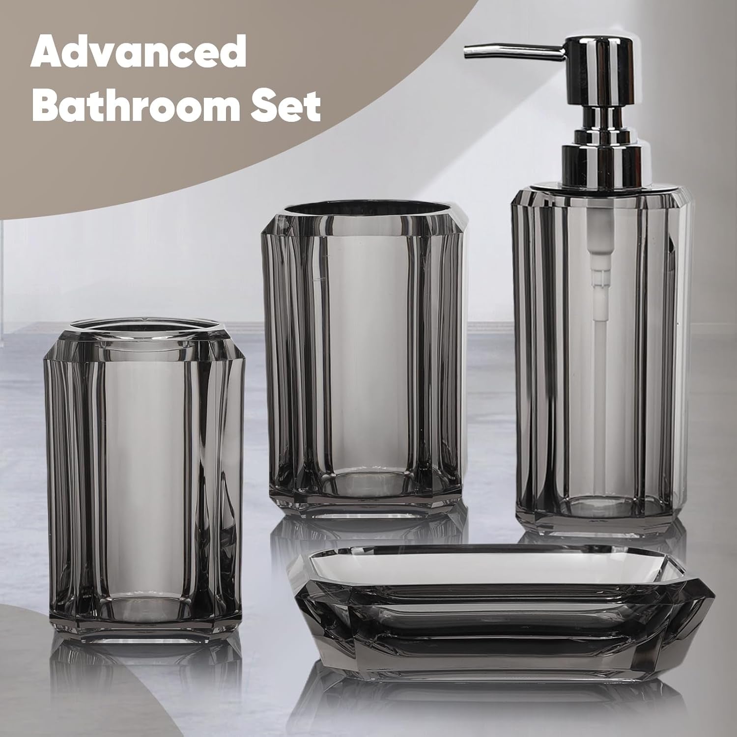 4 Piece Premium Acrylic Bathroom Accessory Set, (Brushed Gray)