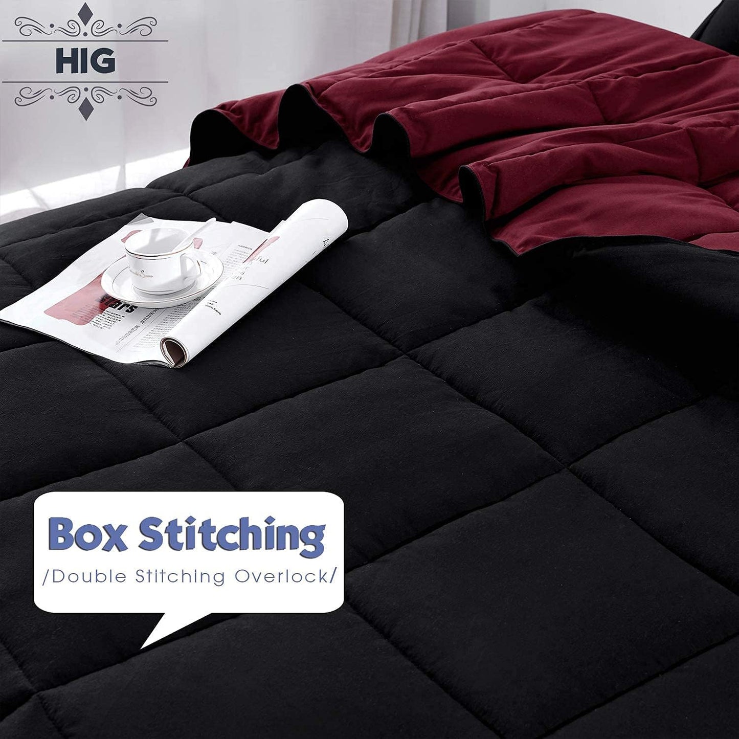 Reversible Comforter with Two Shams - Soft, Fluffy (Full/Queen, Black)