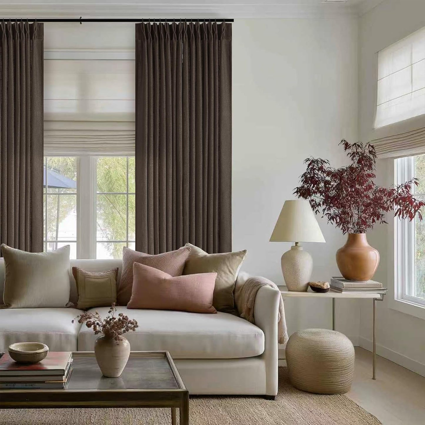 Dark Chocolate Pinch Pleated Linen Curtains 2 Panels Memory Training Shaped Semi Sheer Pleat Drapes with Hooks Rings Light Filtering Window Curtain 40X90