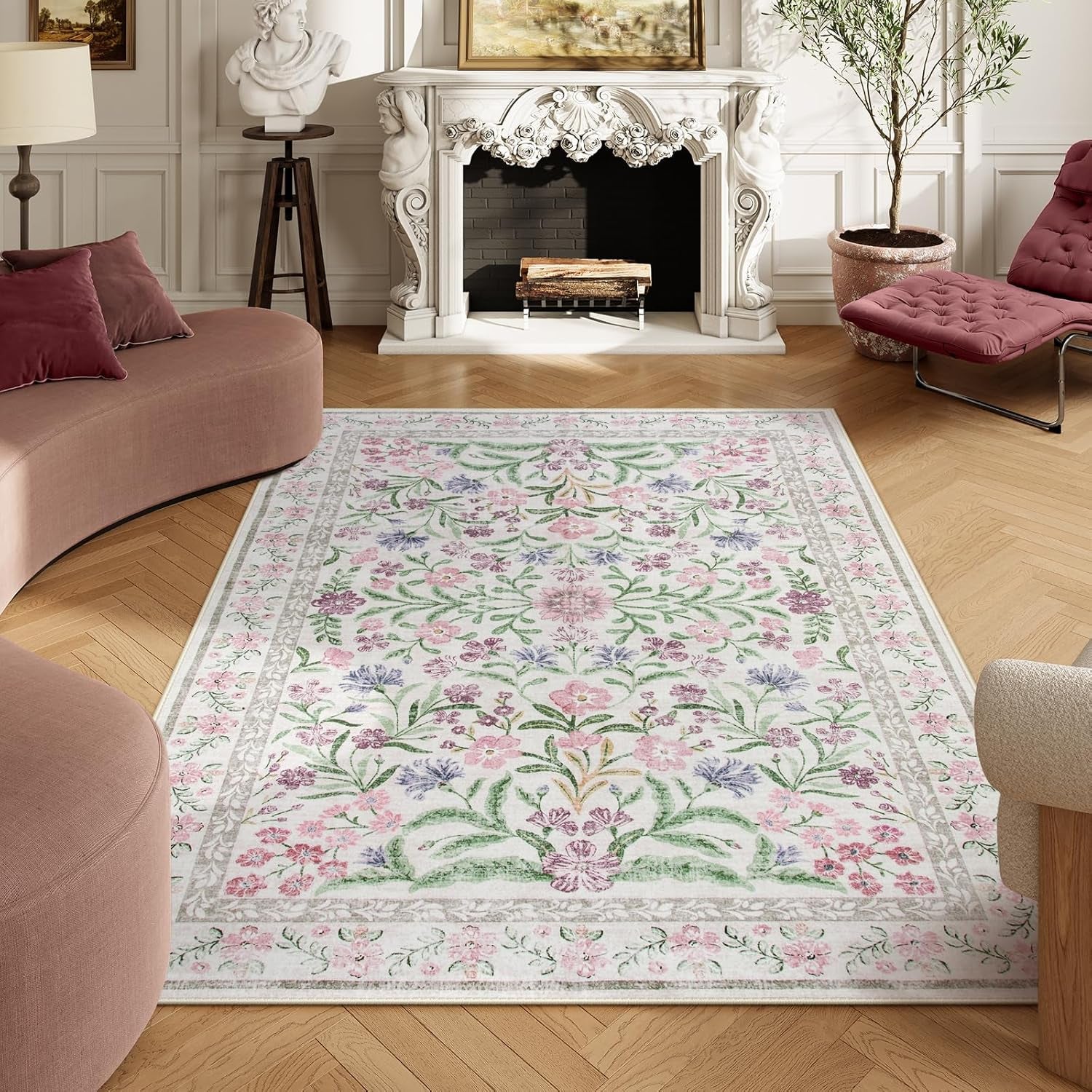 Boho Purple Floral Area Rugs, for Living Room, Nursery, and Bedroom,5X7, Pale Lilac/Pink