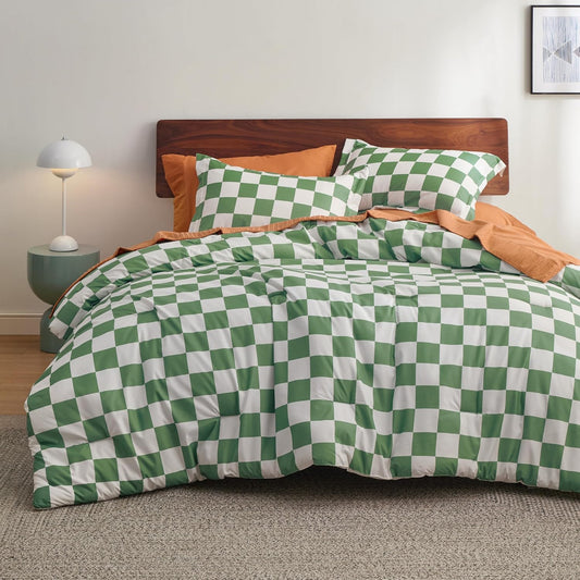 Comforter Set Queen Size - Checkered Bedding Comforter Set, 3 Pieces, 1 Soft Green Comforter and 2 Pillow Shams