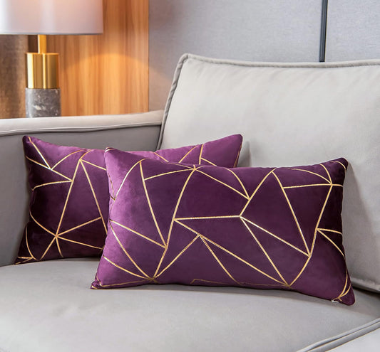 Pack of 2 Soft Velvet Lumbar Throw Pillow Covers Decorative Golden Foil Geometric Pattern Rectangle Cushion Case for Modern Homes Couch Sofa Living Room Car Chair (Shadow Purple, 12“X20”)