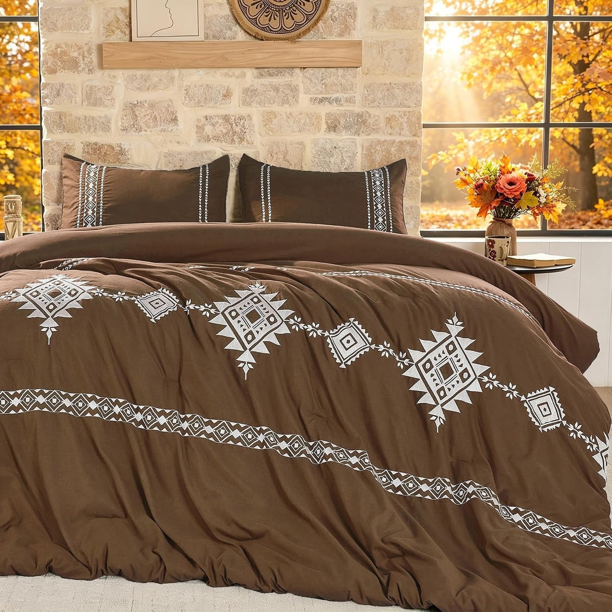 Embroidered Comforter Set Queen, 3-Piece Boho Bedding, Brown