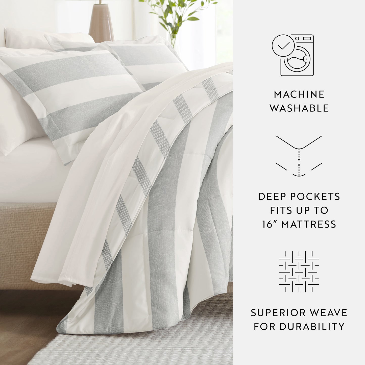  King Bedding Bundle, Patterned Microfiber Comforter and Solid Sheet Set in Distressed Stripe Light Blue