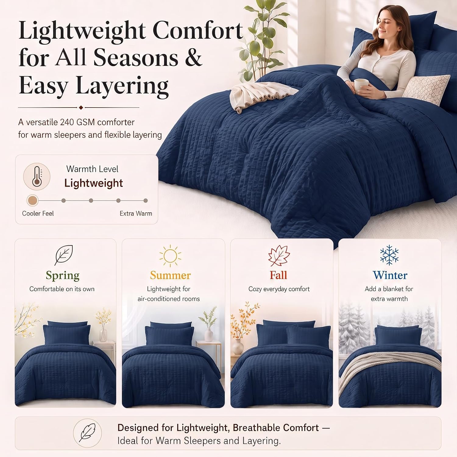 Twin XL Comforter Set, 5 Pieces Navy Blue Seersucker Bed in a Bag