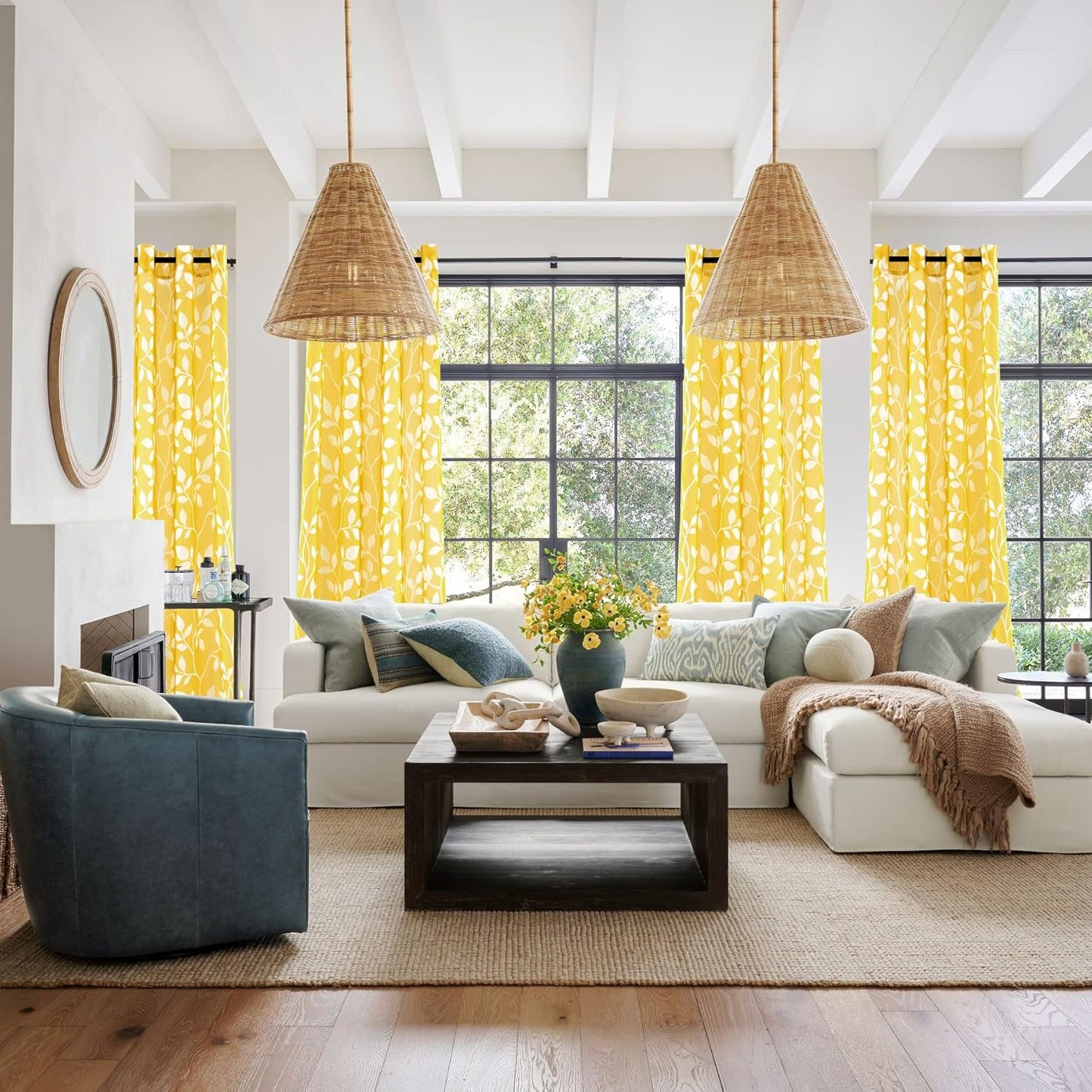 Yellow Sheer Pattern Curtains 84 Inches Long, Spring Decor Lightweight Leaf Floral Printed Curtains 2 Panels Set, Mustard Yellow and White