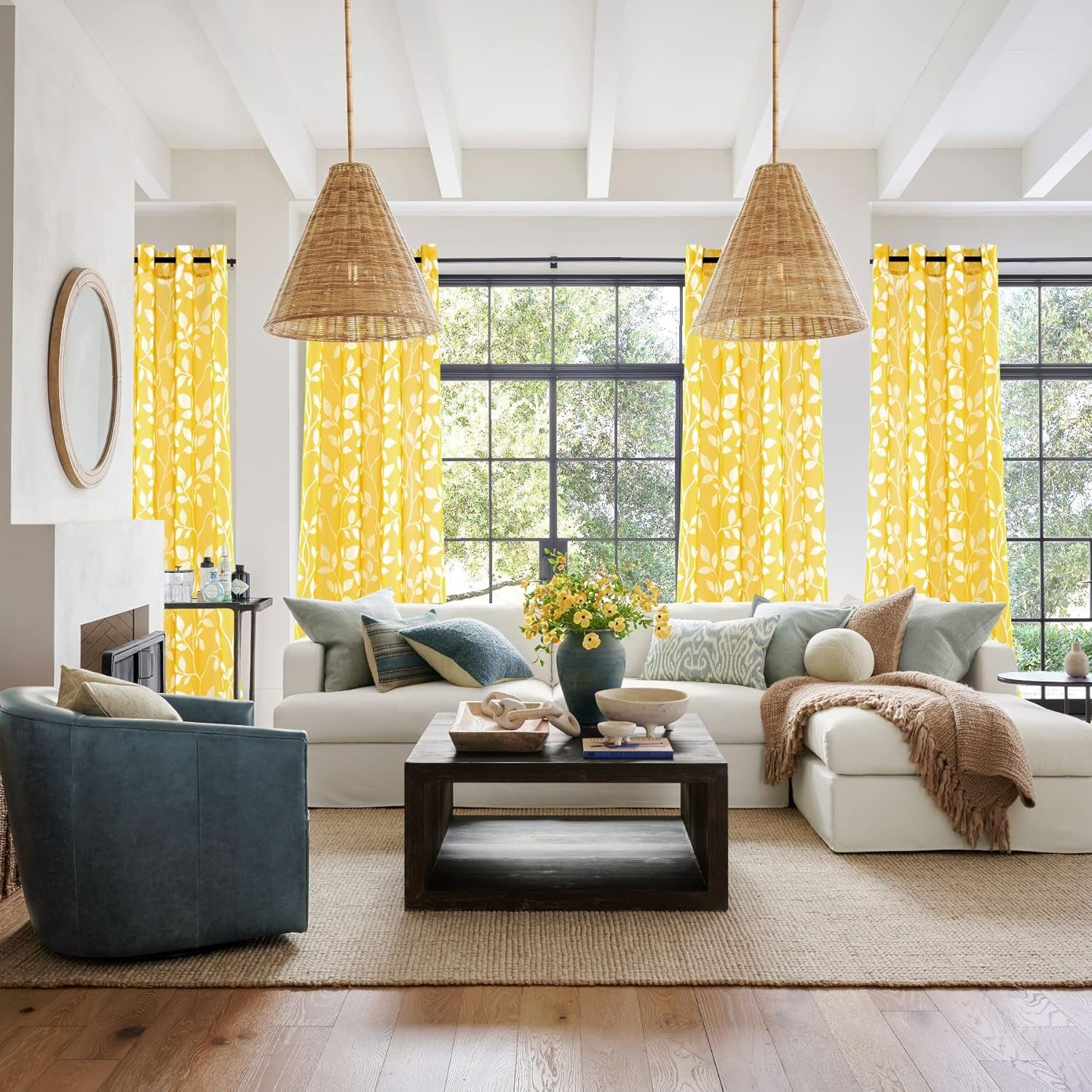 Yellow Sheer Pattern Curtains 84 Inches Long, Spring Decor Lightweight Leaf Floral Printed Curtains 2 Panels Set, Mustard Yellow and White