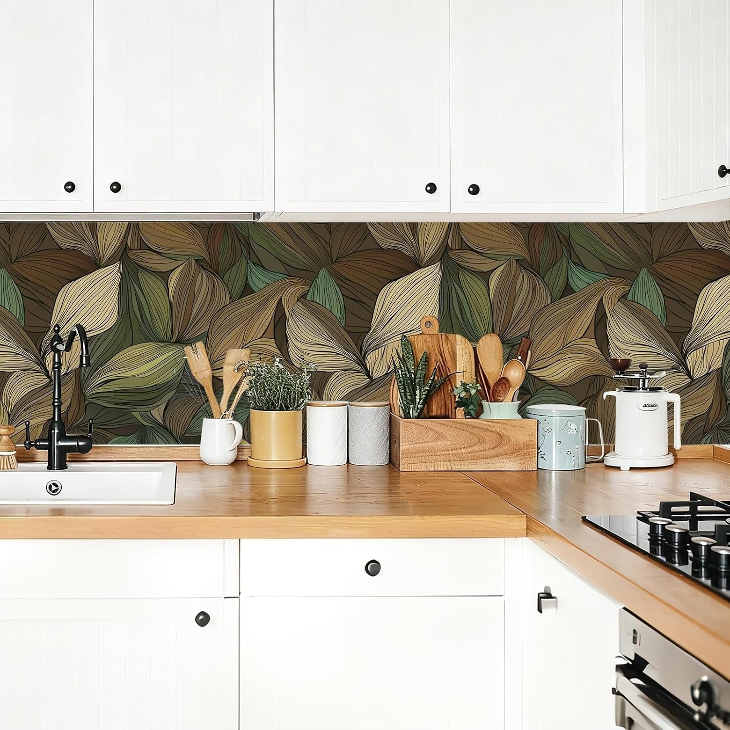 Botanical Leaf Wallpaper Peel and Stick Self Adhesive Boho Tropical Beige Green Vintage 17.71"X236.2"