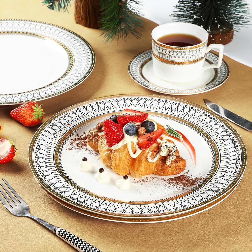 Golden Line Dinner Plates,10.5" Ceramic Plates Set of 4