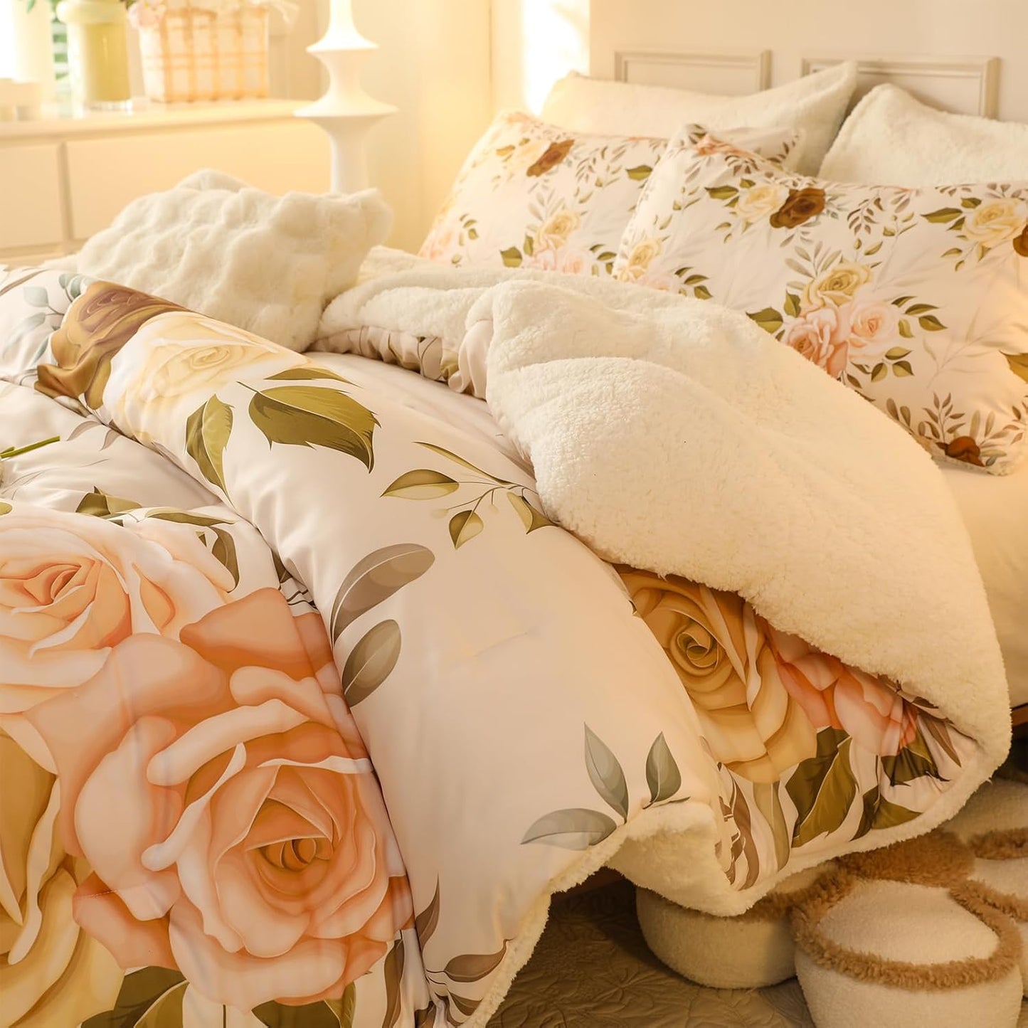 Floral Print Sherpa Comforter Set - Queen Size 3 Pieces Elegant Flowers Botanical Bedding Set, 90X90 In