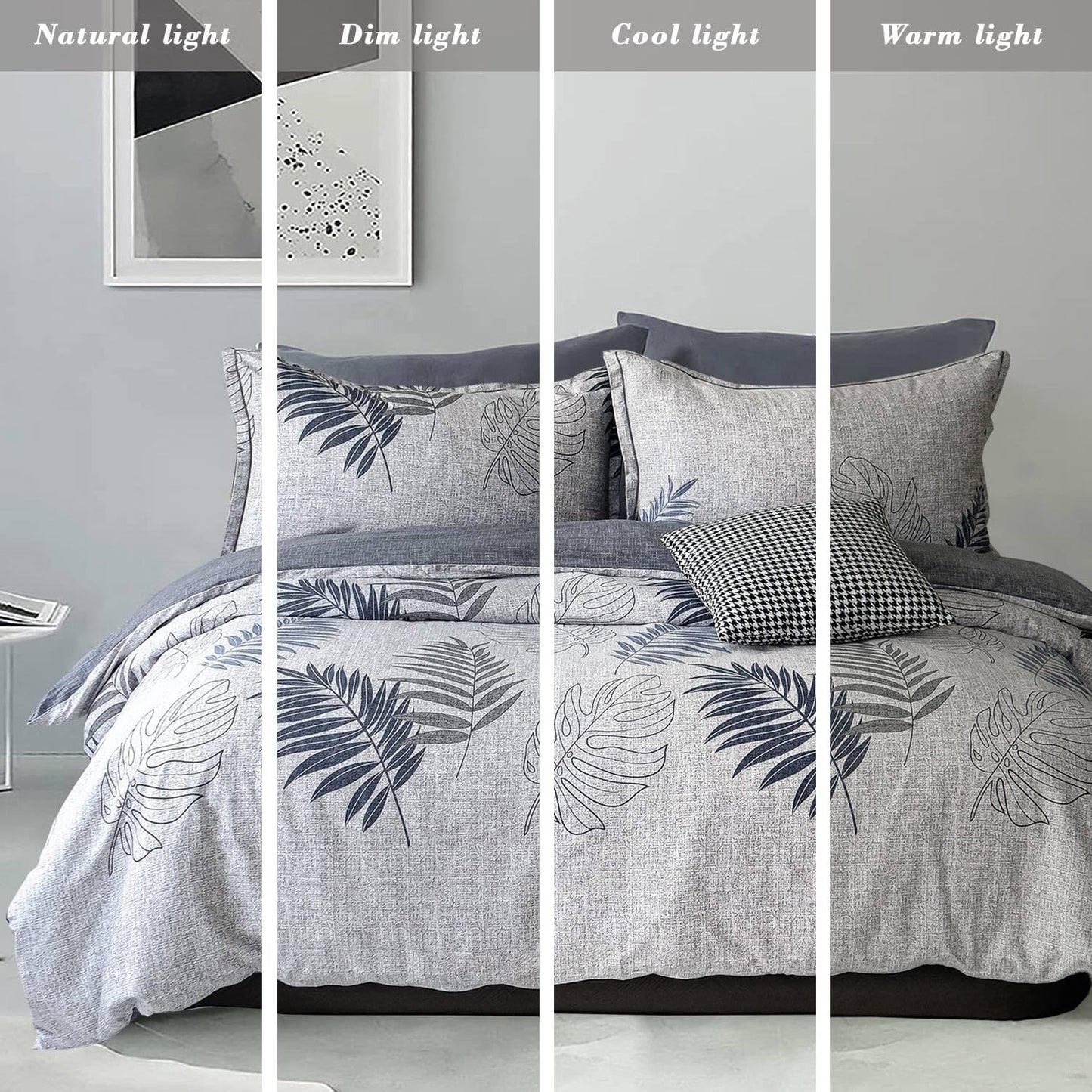 Botanical Comforter Set, Luxurious Blue & Gray Leaves on Gray (3pc Full/Queen)