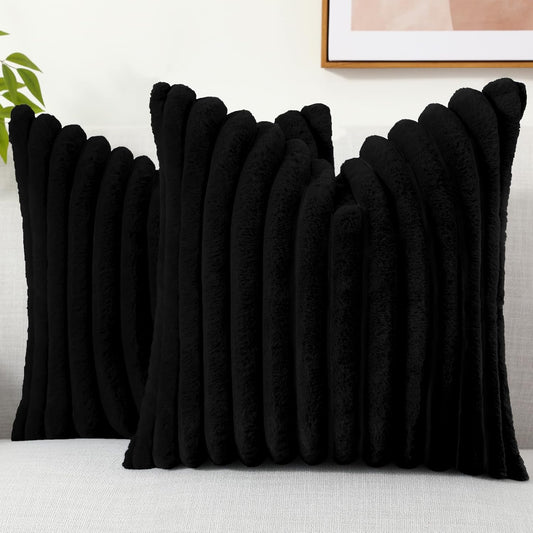 Faux Fur Throw Pillow Covers 18X18 Set of 2, Decorative Soft Plush Striped Couch Pillow Covers, Velvet Black