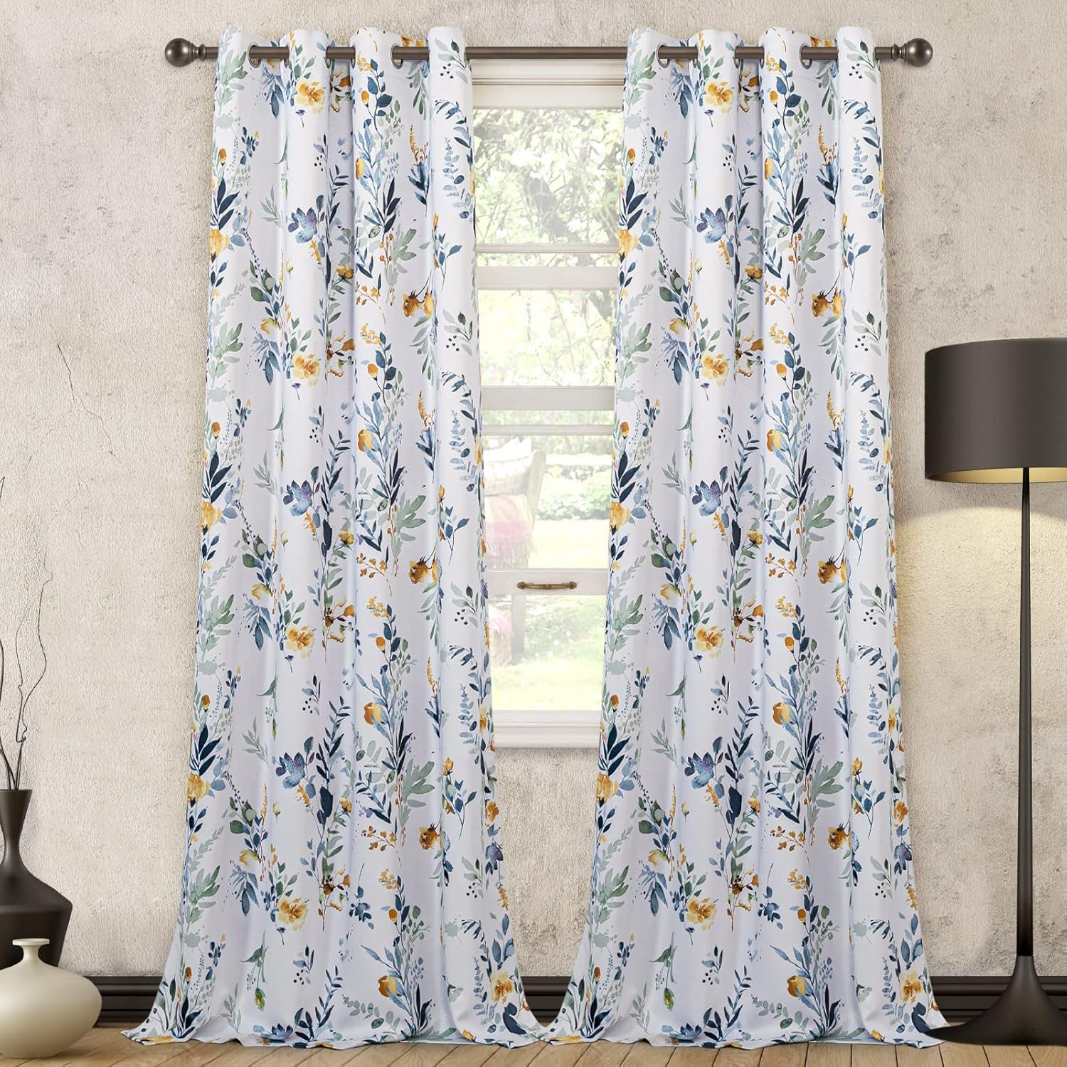 Floral Curtains 84 Inches Long Living Room Curtains Room Darkening Curtains Thermal Insulated, 2 Panels, Yellow and Blue