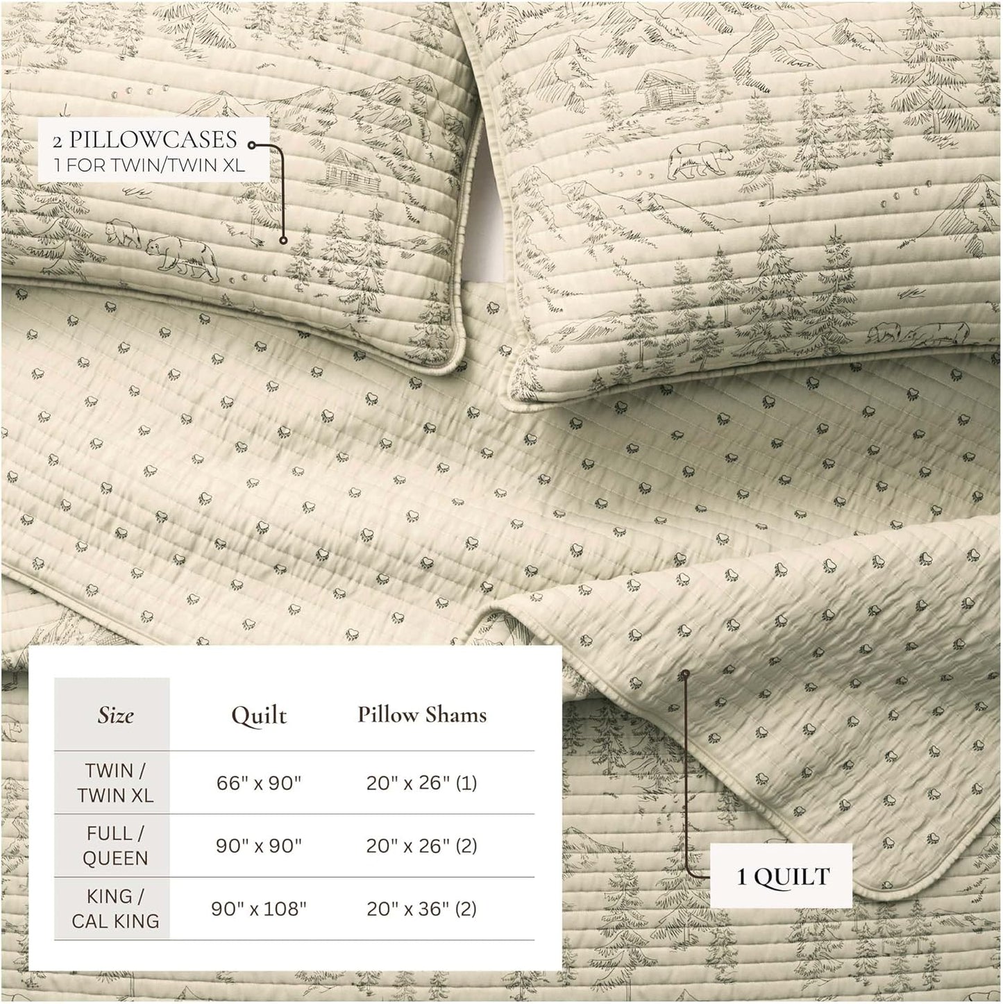 Twin/Twin XL Reversible Rustic Lodge Bear Bedspread Quilt with Sham - All Season Cabin Coverlet Bedding Set (Includes 1 Quilt, 1 Pillow Sham)
