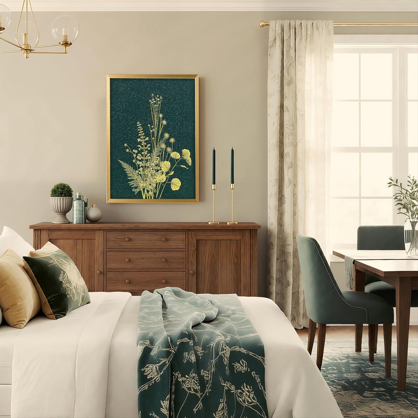 Hand-Painted Gold Gilded Wall Art, Luxury Emerald Green 3D Textured Floral Pictures with Frame 12X16 