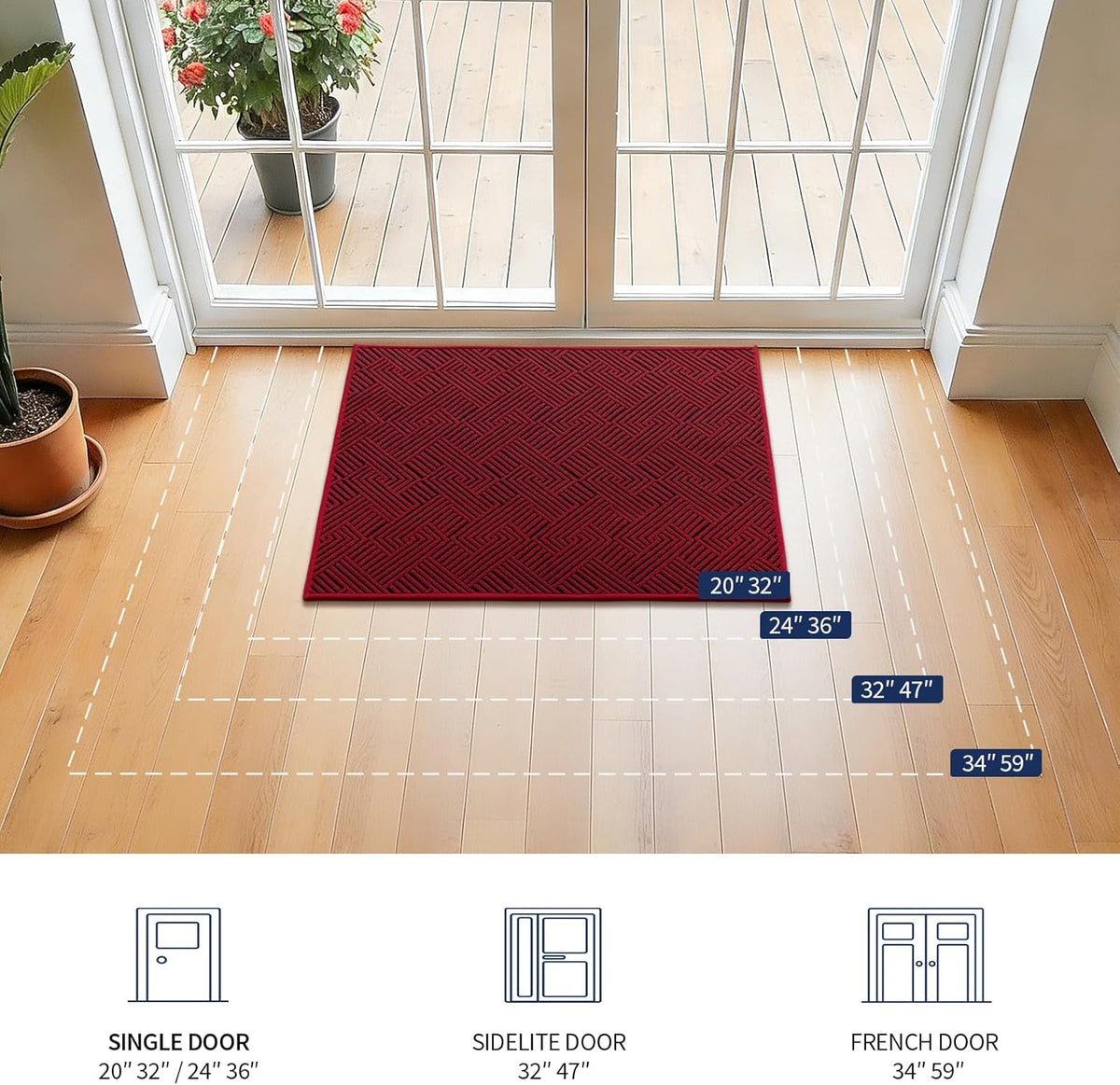 Dirt Trapper Door Mat 20" X 32", Non-Slip Washable Entrance Mat, Dirt Resistant and Absorbent Welcome Mat, Low Profile Floor Mat for Front/Back Door, Entryway, Red
