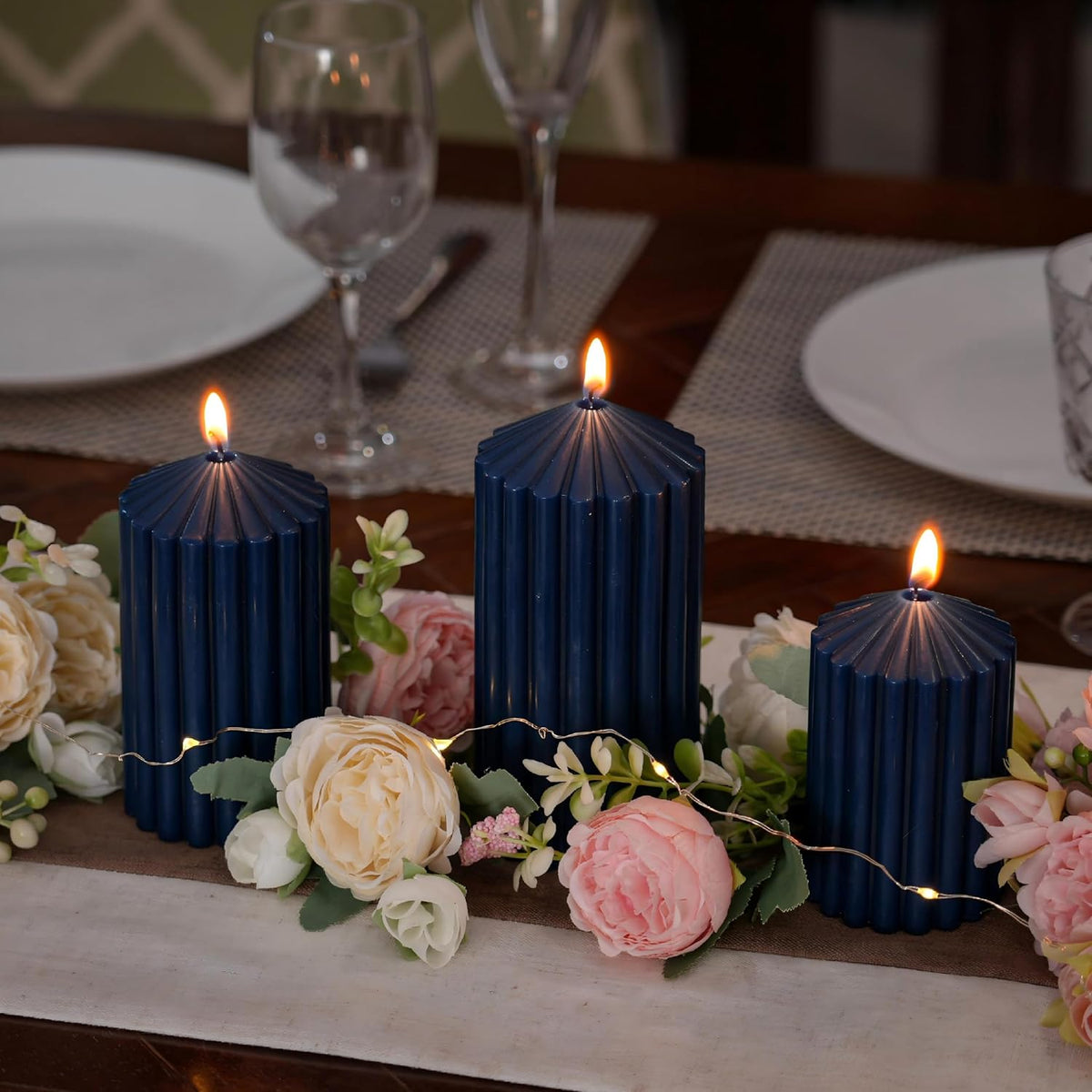 Blue Ribbed Pillar Candles Set of 3,Soy Wax Unscented Candle
