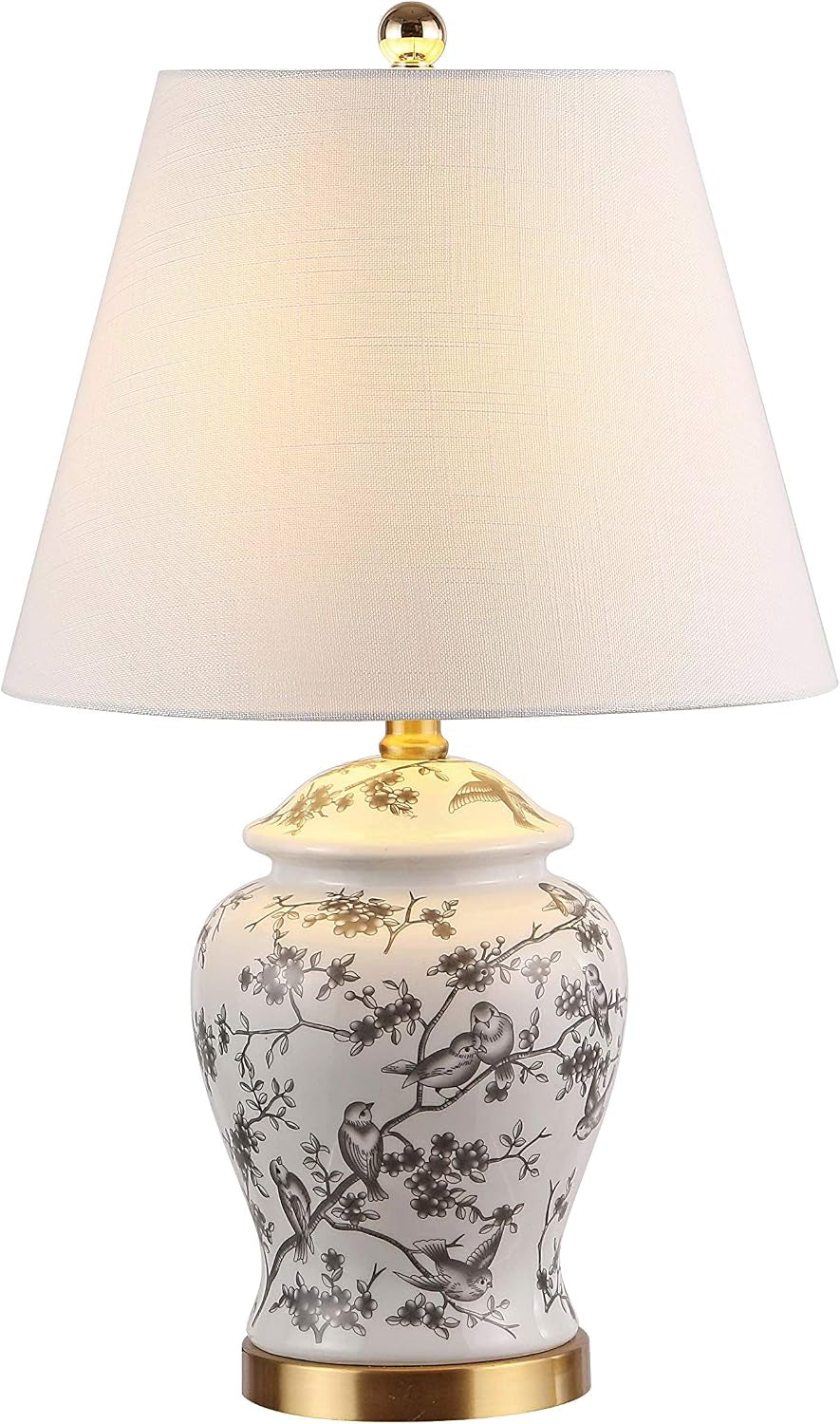 Penelope Ginger Jar 22" LED Table Lamp, Gray/White, Ceramic Metal Construction, Linen Empire Shade, Brass Gold, LED Bulb Included