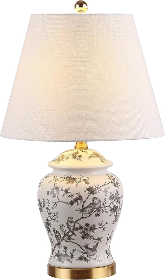 Penelope Ginger Jar 22" LED Table Lamp, Gray/White, Ceramic Metal Construction, Linen Empire Shade, Brass Gold, LED Bulb Included
